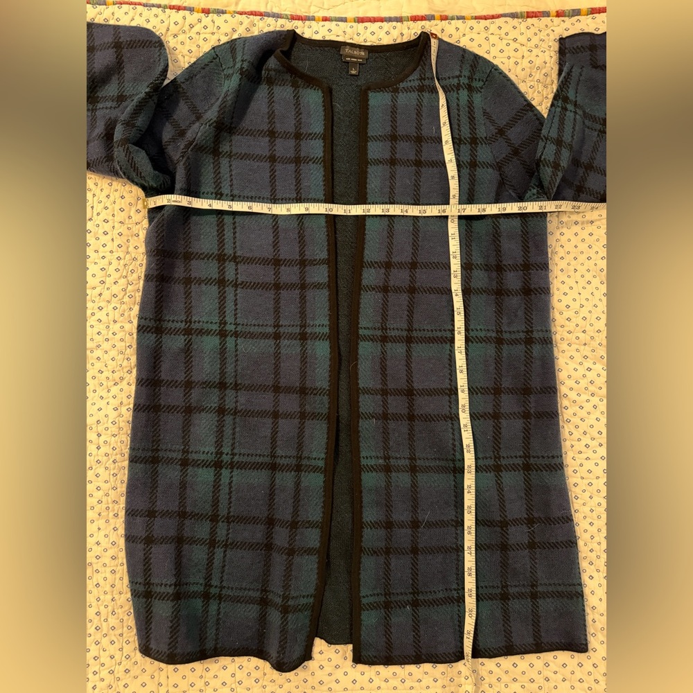 Talbots Black Watch Plaid Merino Cardigan Sweater Long Women L Blue Green Black - Picture 3 of 7
